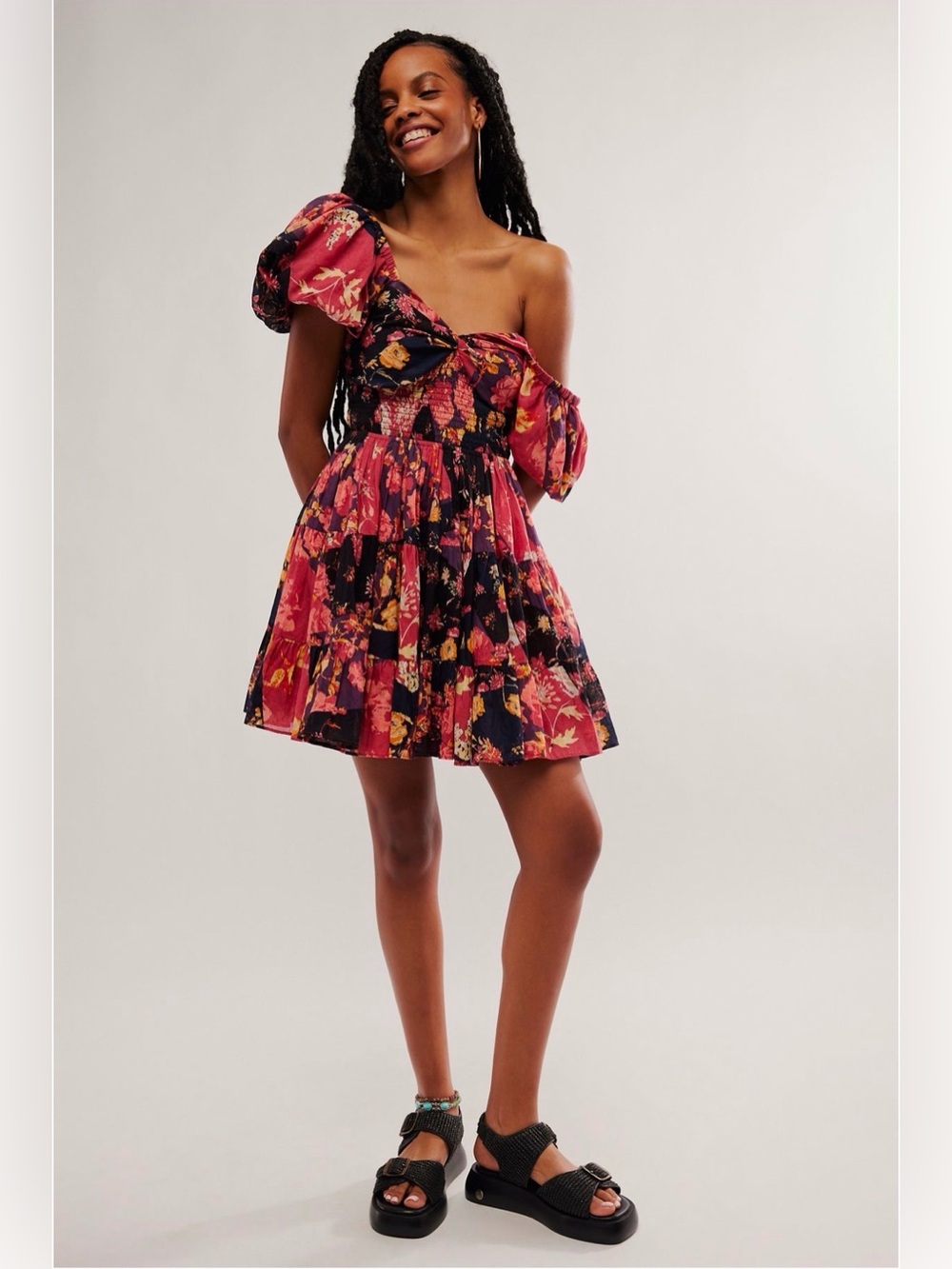 Free People Sun-drenched Print Mini Dress- Dark red combo